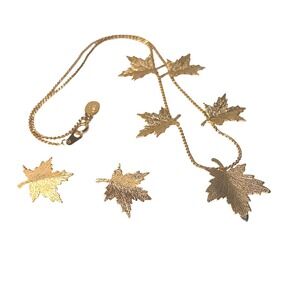 Paradise Jewelry Set Gold Tone Textured Maple Leaf Necklace Earrings Nature Set